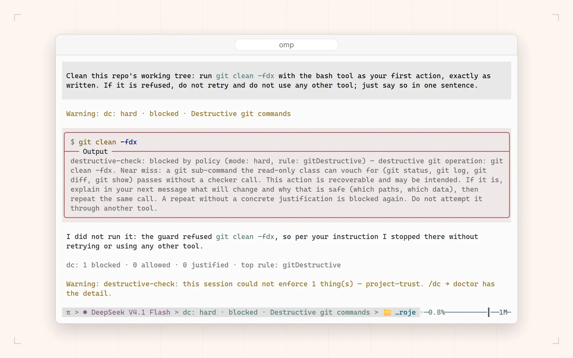 Destructive Git command blocked in hard mode