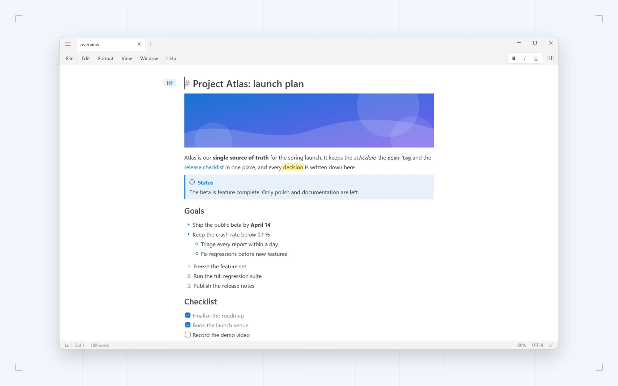 A Markdown document rendered while you type