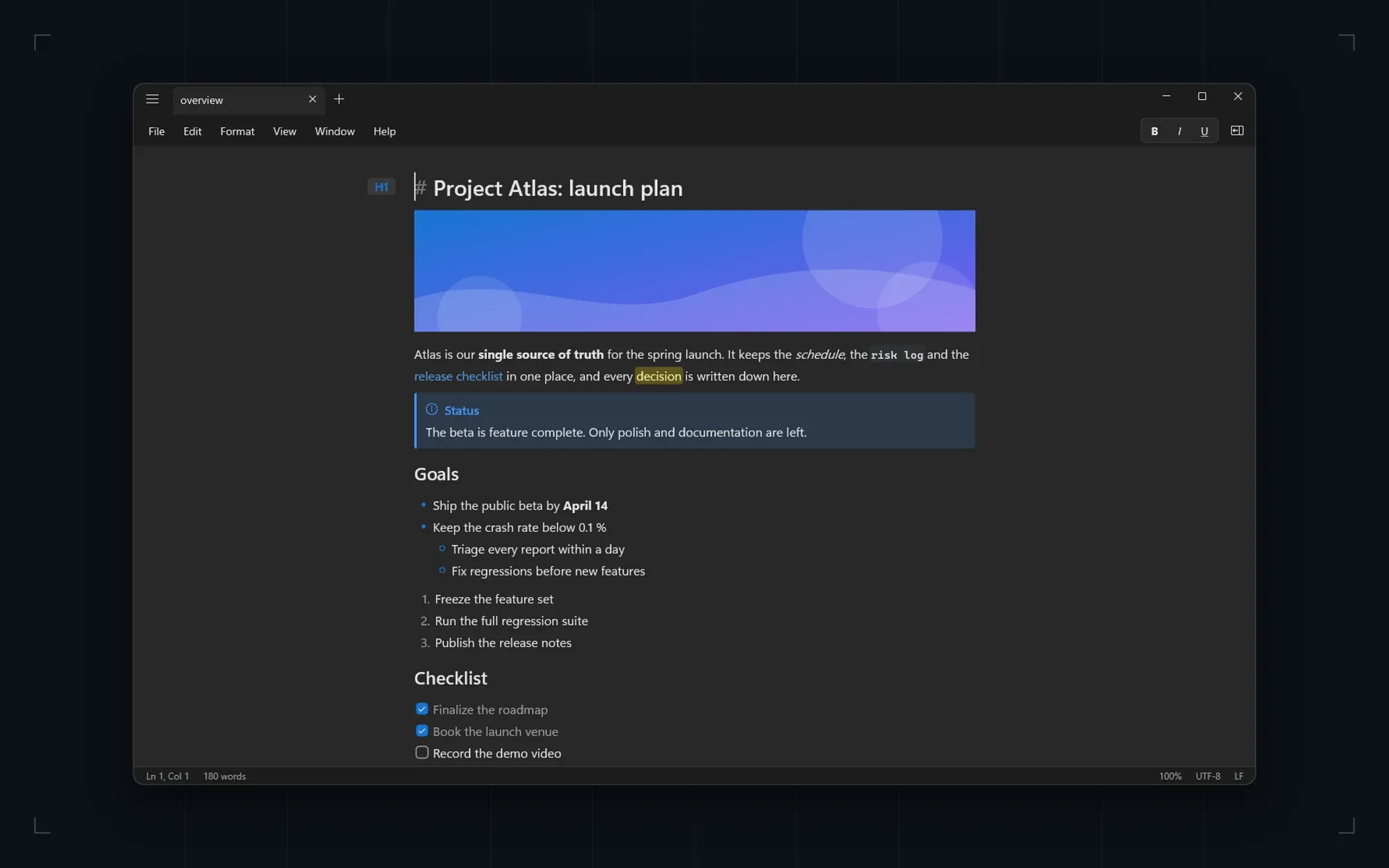 A Markdown document rendered while you type