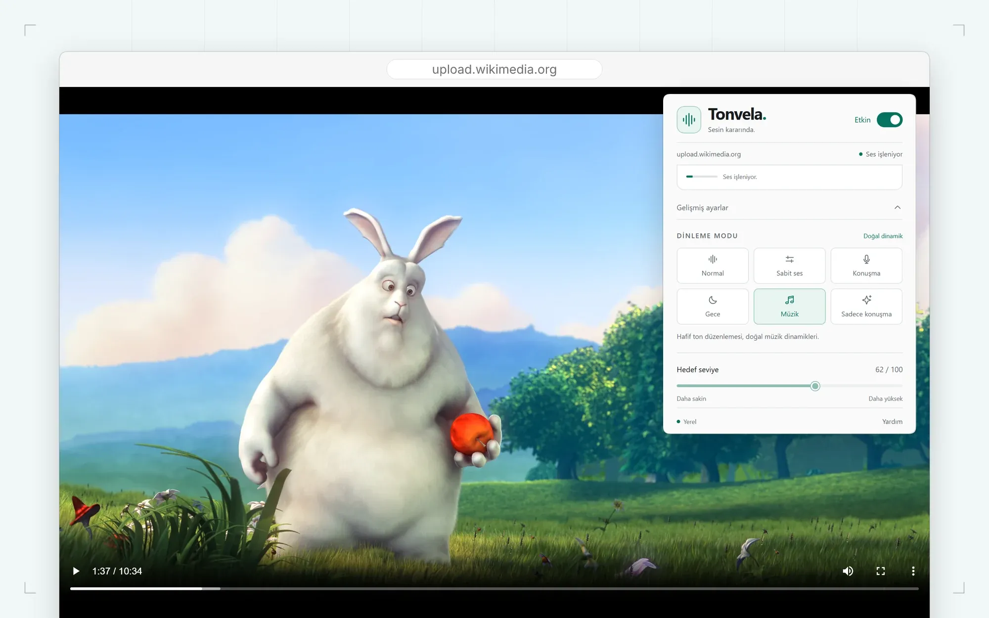 Music mode in advanced settings · Video: Big Buck Bunny, © Blender Foundation, CC BY 3.0