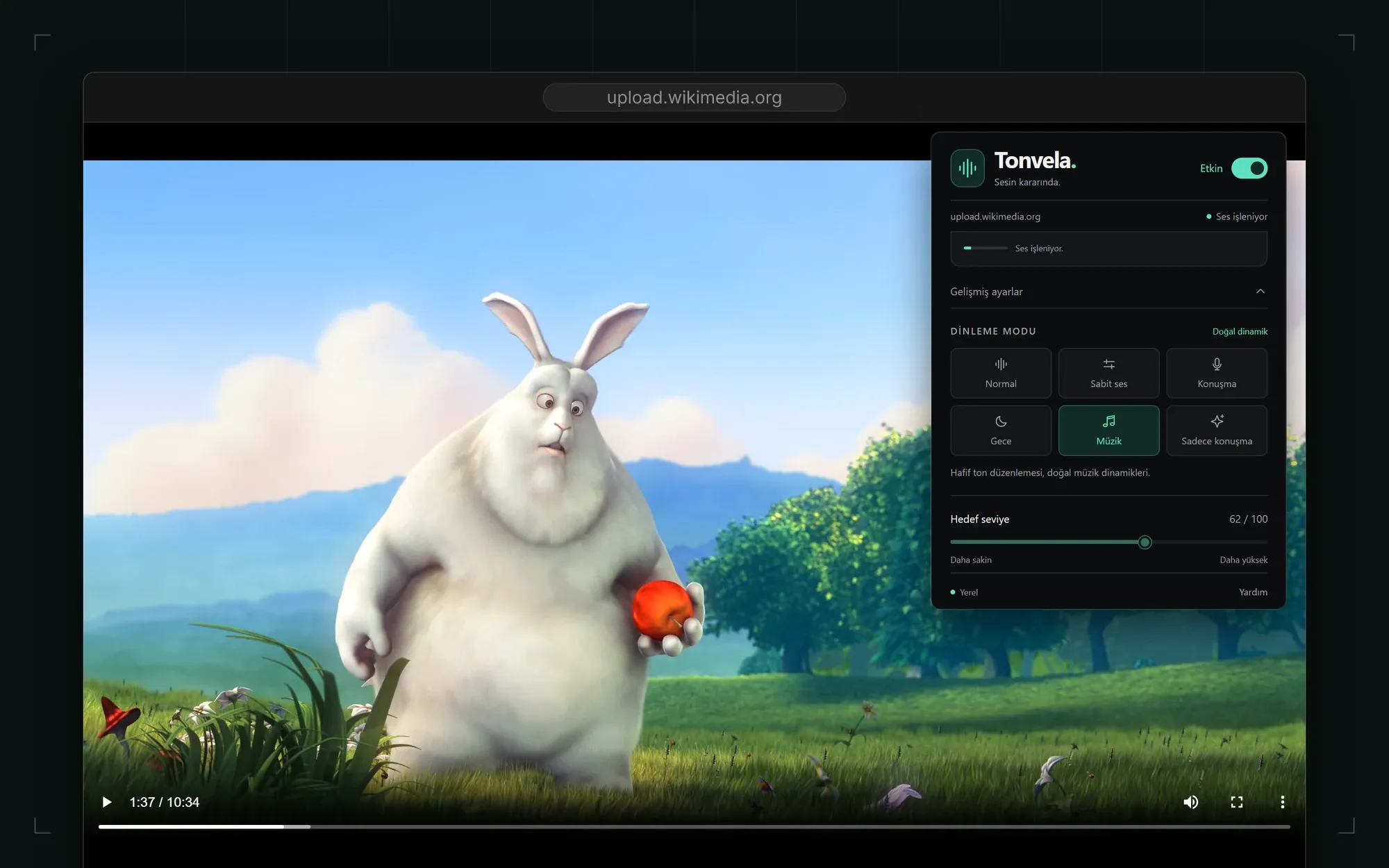 Music mode in advanced settings · Video: Big Buck Bunny, © Blender Foundation, CC BY 3.0