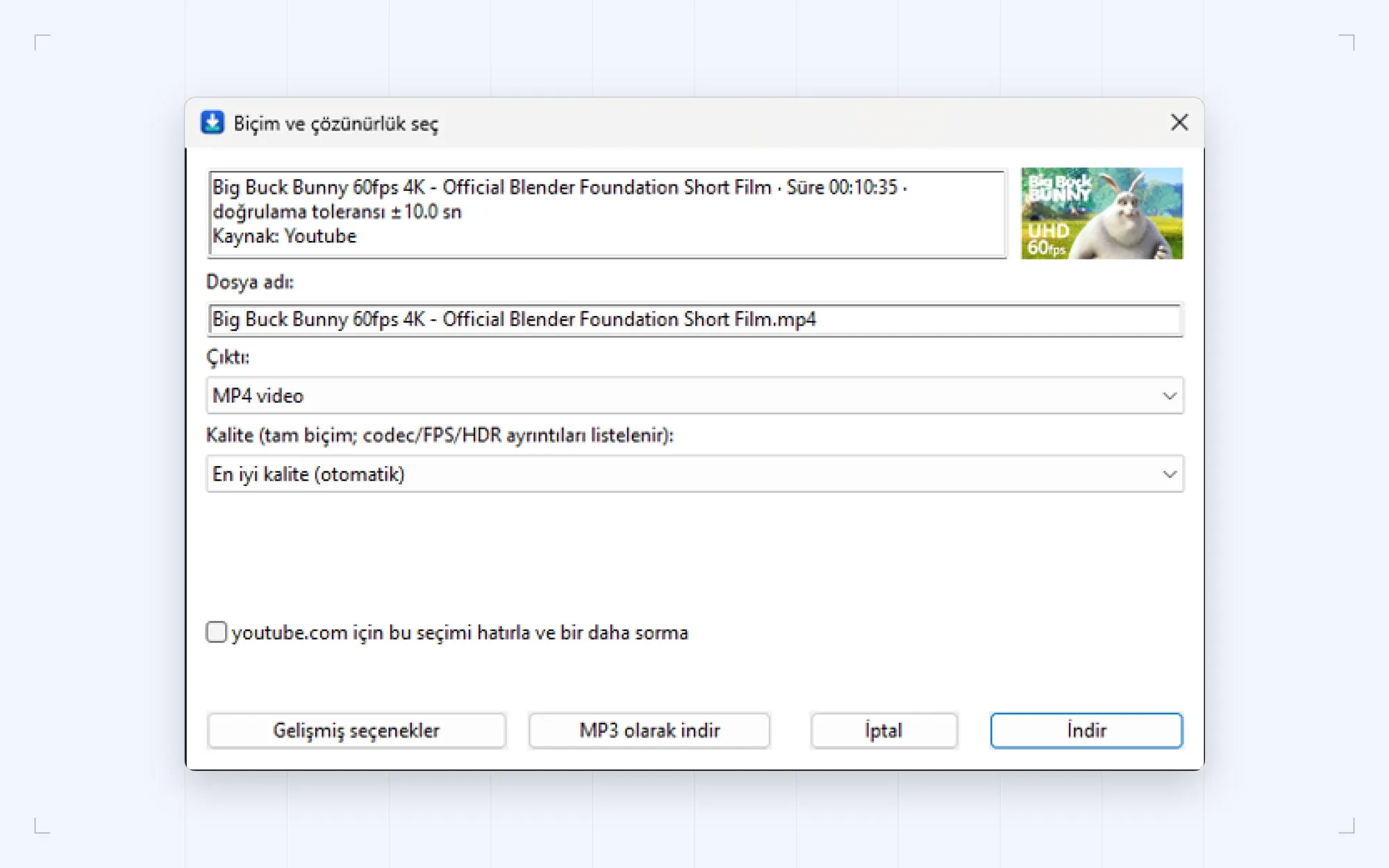 Format and resolution picker for a video