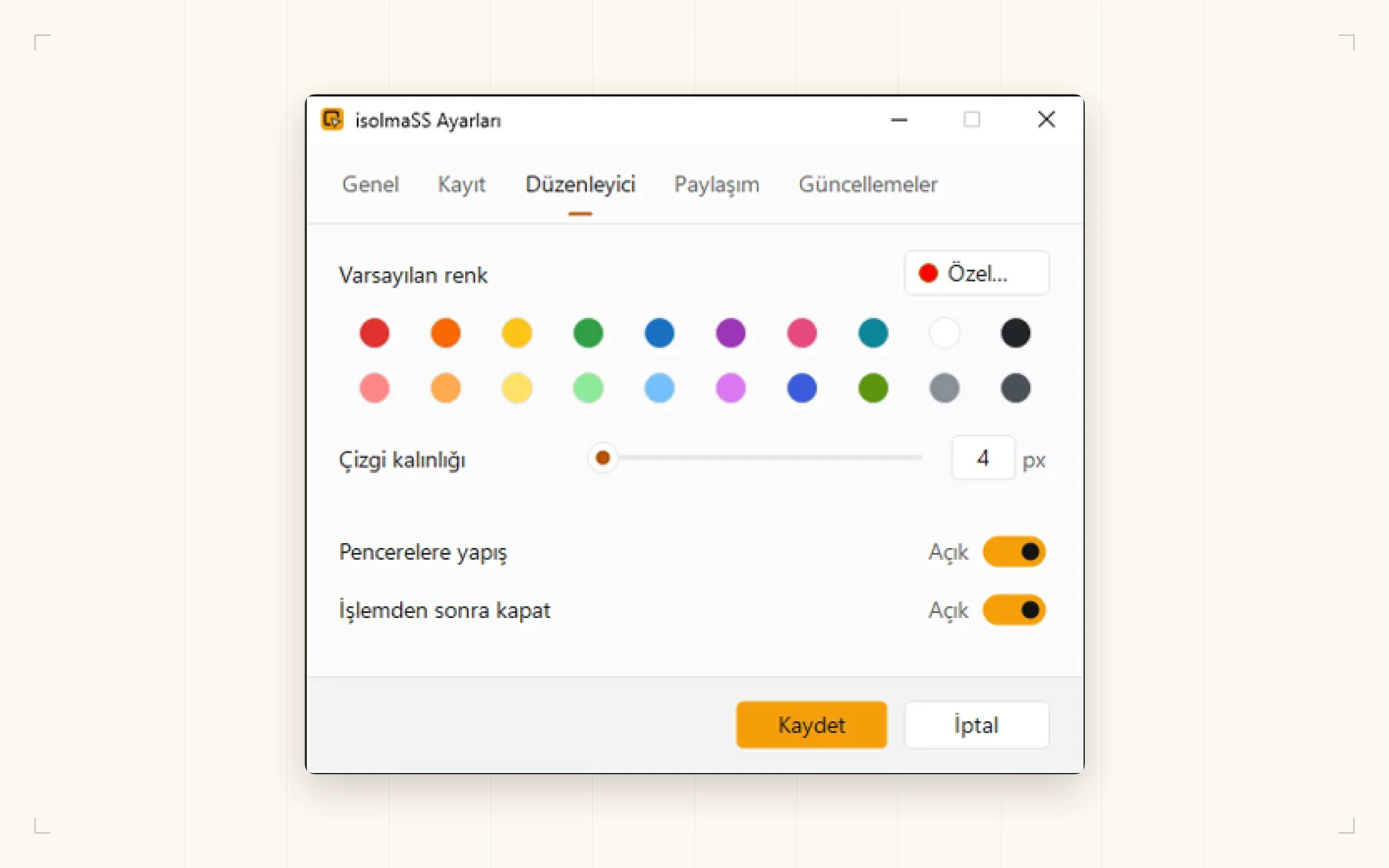 Editor settings: colour and line width