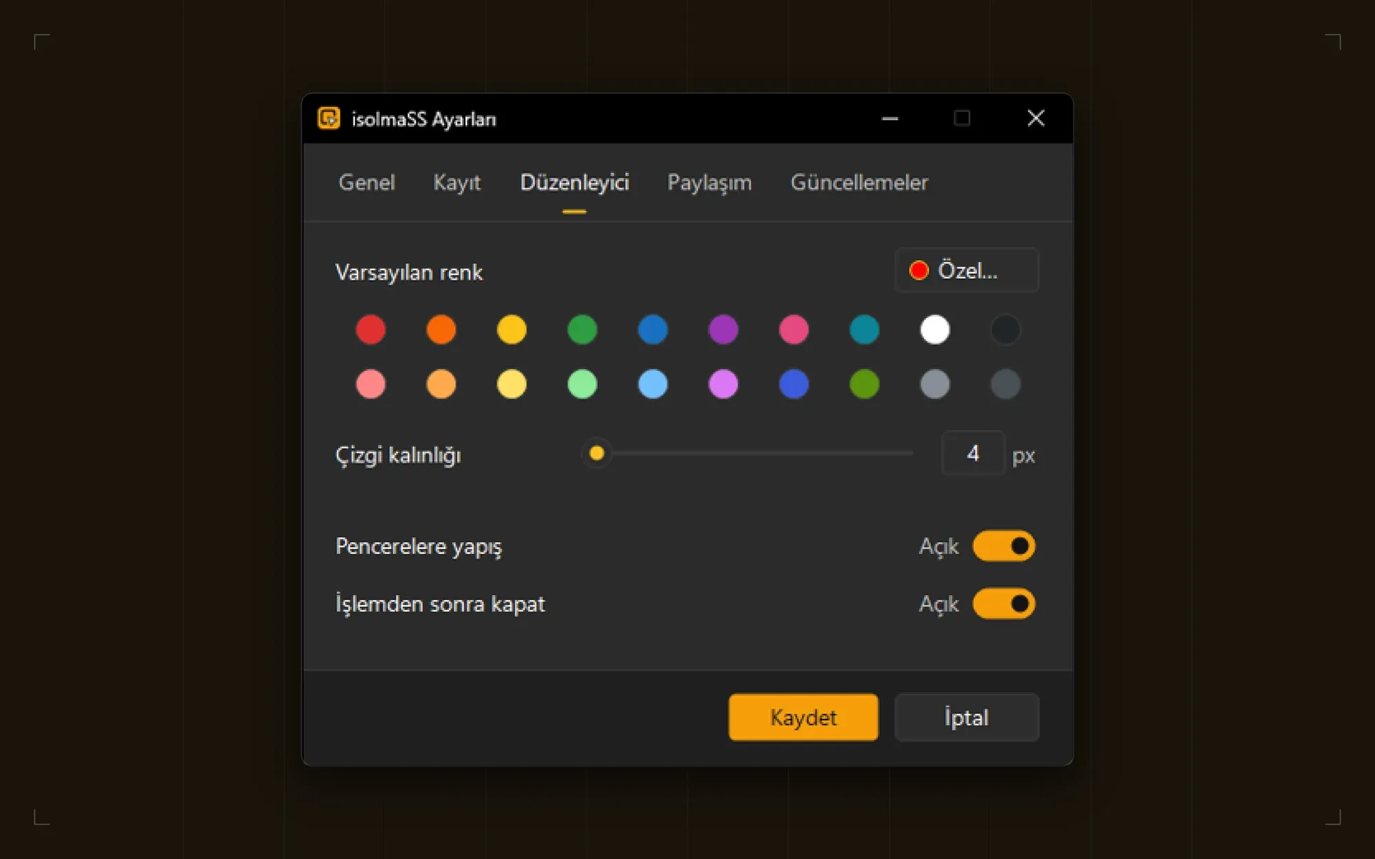 Editor settings: colour and line width