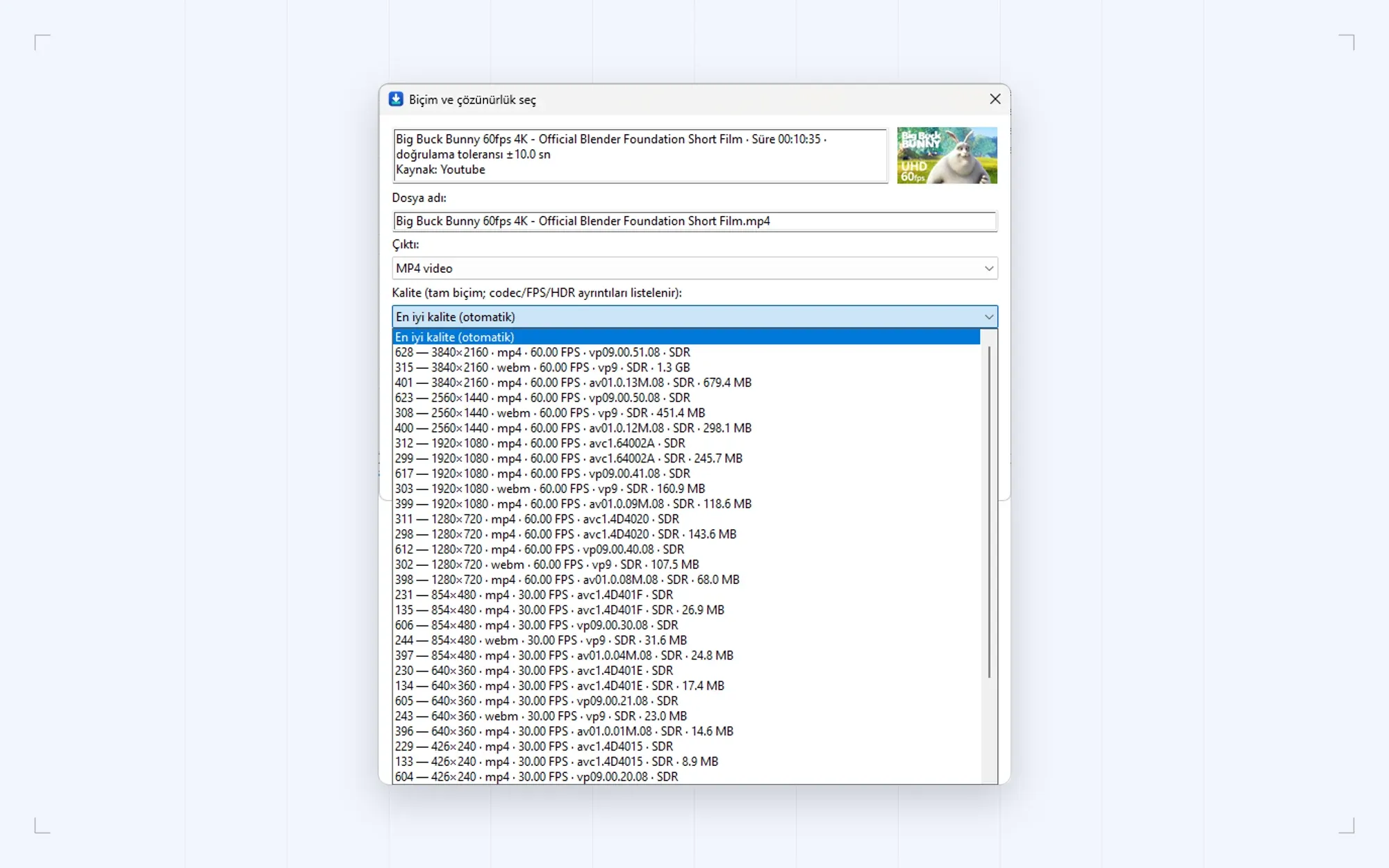 Download format and quality
