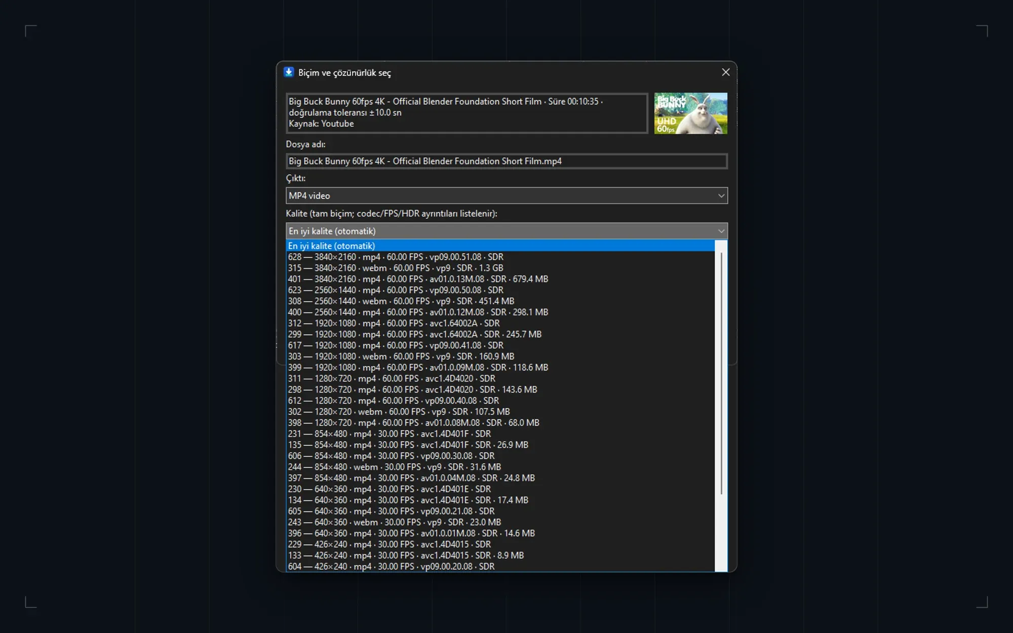 Download format and quality