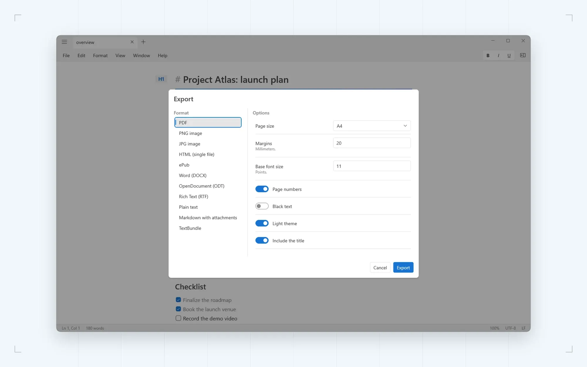 The export dialog