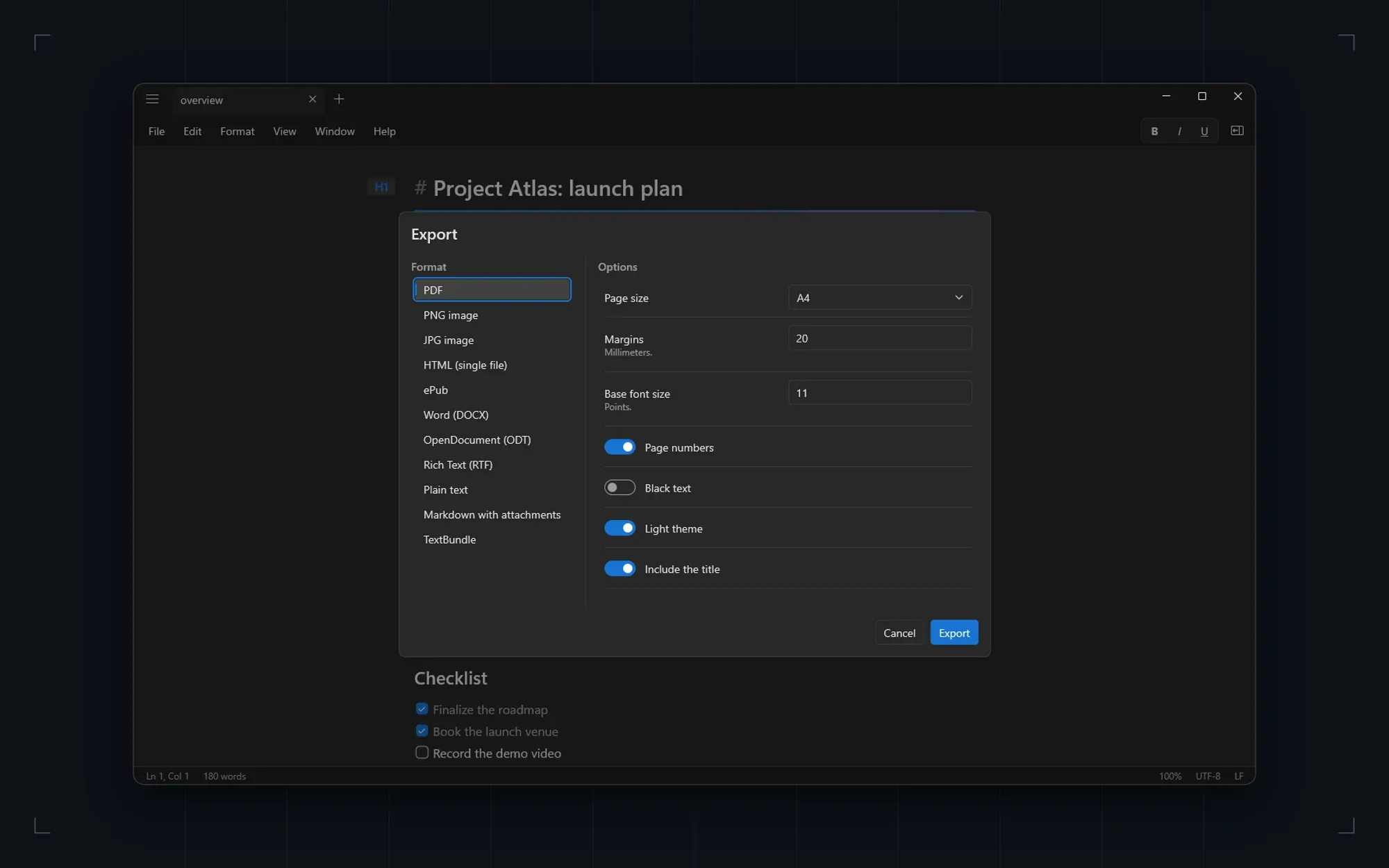 The export dialog