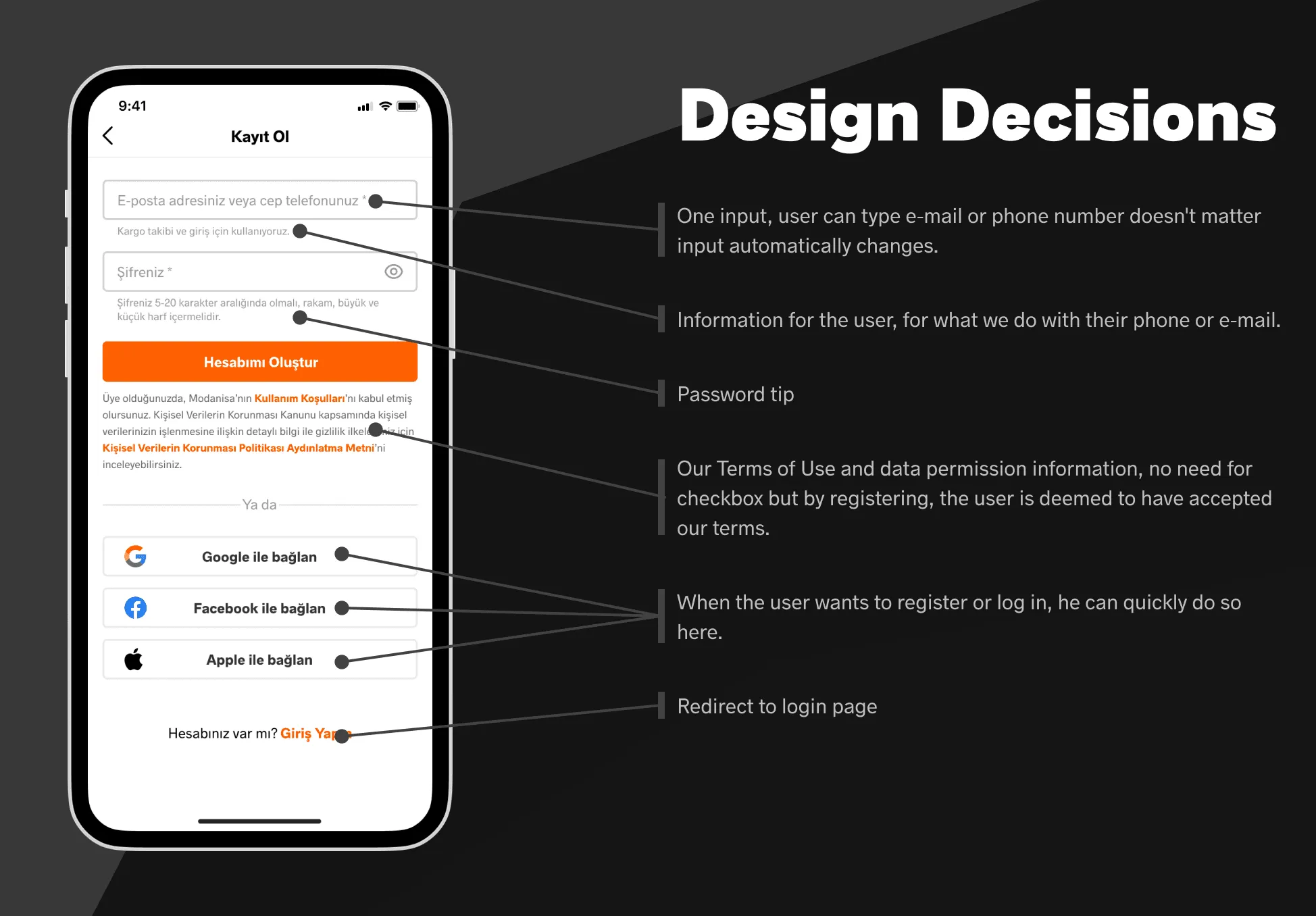 Decisions on the sign-up screen